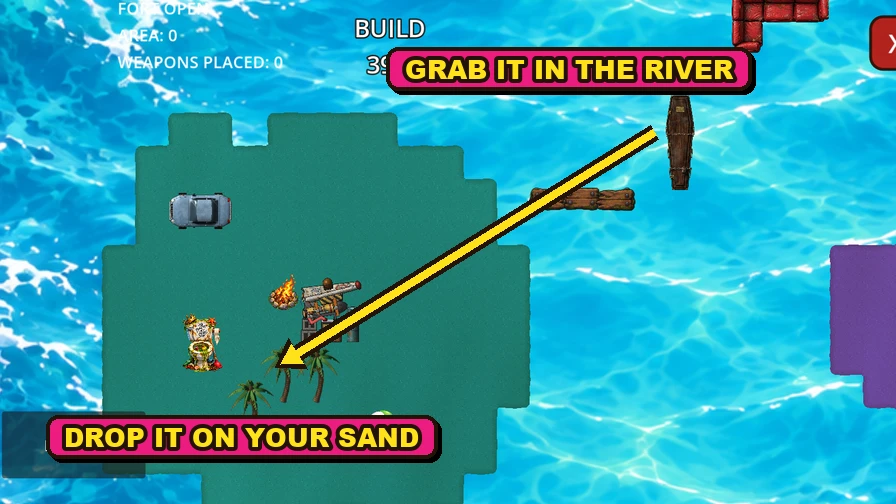 Grabbing junk from the river and dropping it on your island