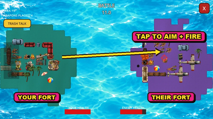 Tapping the enemy island to aim and fire