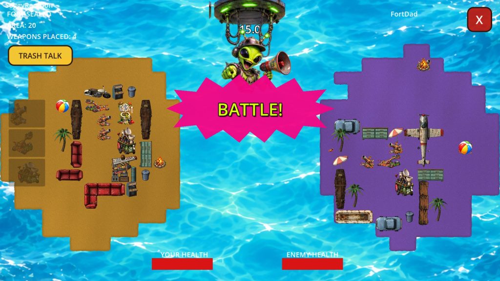 Battle begins: the announcer shouts BATTLE! between two junk forts