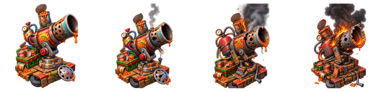 The Baked Bean Launcher in four stages, from intact to wrecked