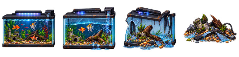 The Fish Tank in four stages, from intact to smashed