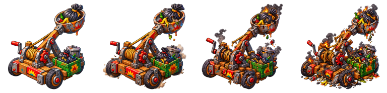 The Trash-a-Pult in four stages, from intact to wrecked